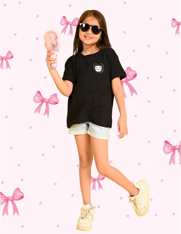 Nusyl_Girl_Black_&_Wine_Butterfly_Printed_&_Cat_Printed_Drop_Shoulder_T_Shirts_Pack_Of_2_Soft_&_Comfortable_Drop_Shoulder_T_Shirts_Cozy_Summer_Wear_For_Kids_&_Teen_Girls