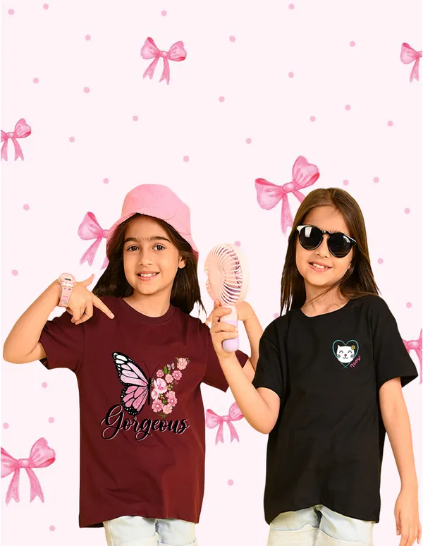 Nusyl_Girl_Black_&_Wine_Butterfly_Printed_&_Cat_Printed_Drop_Shoulder_T_Shirts_Pack_Of_2_Soft_&_Comfortable_Drop_Shoulder_T_Shirts_Cozy_Summer_Wear_For_Kids_&_Teen_Girls