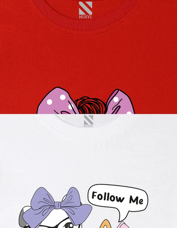 Nusyl_Girl_Red_&_White_Cats_Printed_&_Girl_Printed_Drop_Shoulder_T_Shirts_Pack_Of_2_Soft_&_Comfortable_Drop_Shoulder_T_Shirts_Cozy_Summer_Wear_For_Kids_&_Teen_Girls