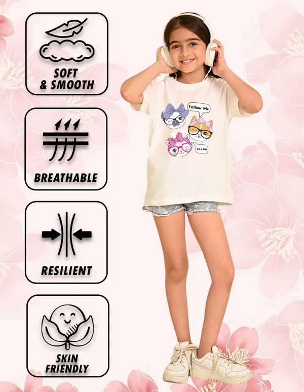 Nusyl_Girl_Red_&_White_Cats_Printed_&_Girl_Printed_Drop_Shoulder_T_Shirts_Pack_Of_2_Soft_&_Comfortable_Drop_Shoulder_T_Shirts_Cozy_Summer_Wear_For_Kids_&_Teen_Girls