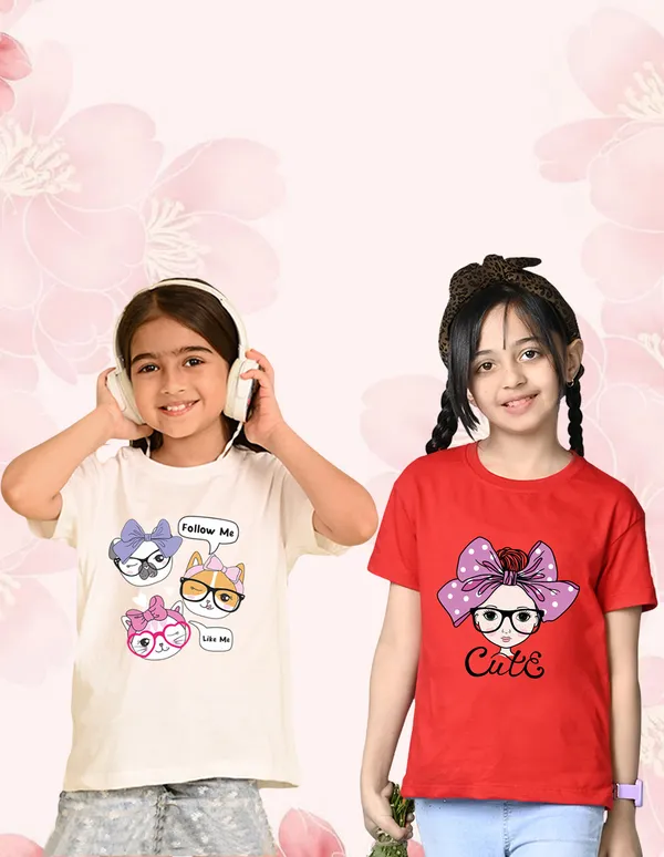Nusyl_Girl_Red_&_White_Cats_Printed_&_Girl_Printed_Drop_Shoulder_T_Shirts_Pack_Of_2_Soft_&_Comfortable_Drop_Shoulder_T_Shirts_Cozy_Summer_Wear_For_Kids_&_Teen_Girls