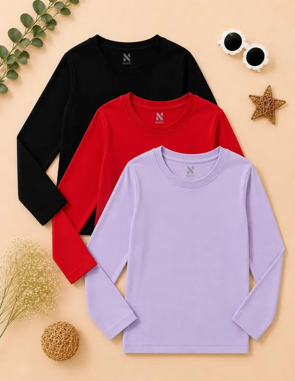Nusyl_Girls_Black,_Red_and_Lilac_Solid_Round_Neck_Full_Sleeves_T-Shirt