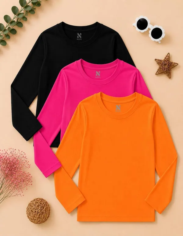 Nusyl_Girls_Black,_Hot_Pink_and_Orange_Solid_Round_Neck_Full_Sleeves_T-Shirt
