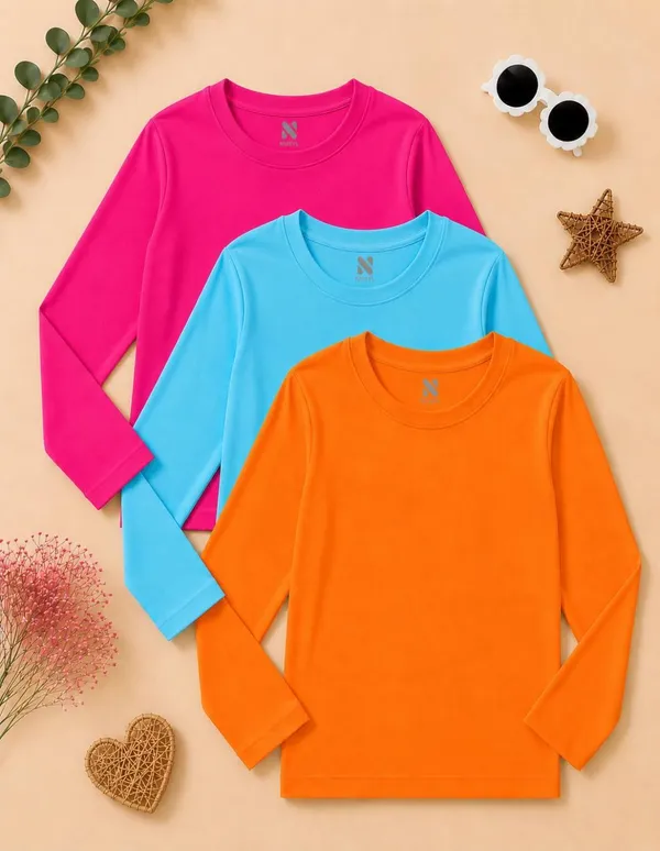 Nusyl_Girls_Hot_Pink,_Sky_Blue_and_Orange_Solid_Round_Neck_Full_Sleeves_T-Shirt