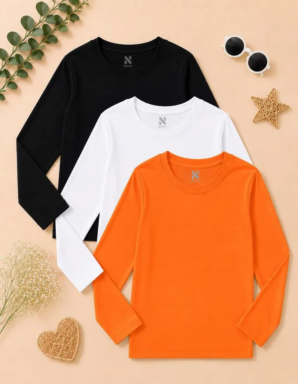Nusyl_Girls_Black,_White_and_Orange_Solid_Round_Neck_Full_Sleeves_T-Shirt