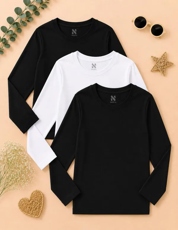 Nusyl_Girls_Black,_White_and_Black_Solid_Round_Neck_Full_Sleeves_T-Shirt