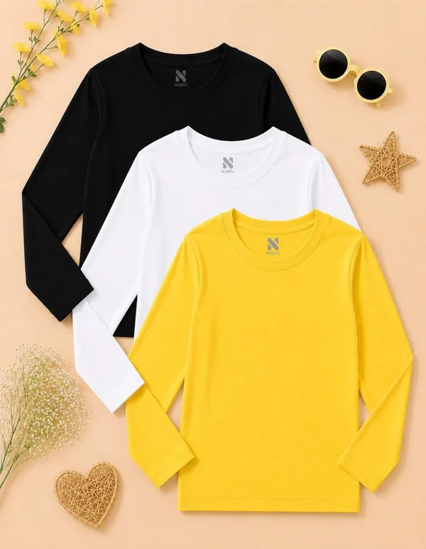 Nusyl_Girls_Black,_White_and_Yellow_Solid_Round_Neck_Full_Sleeves_T-Shirt