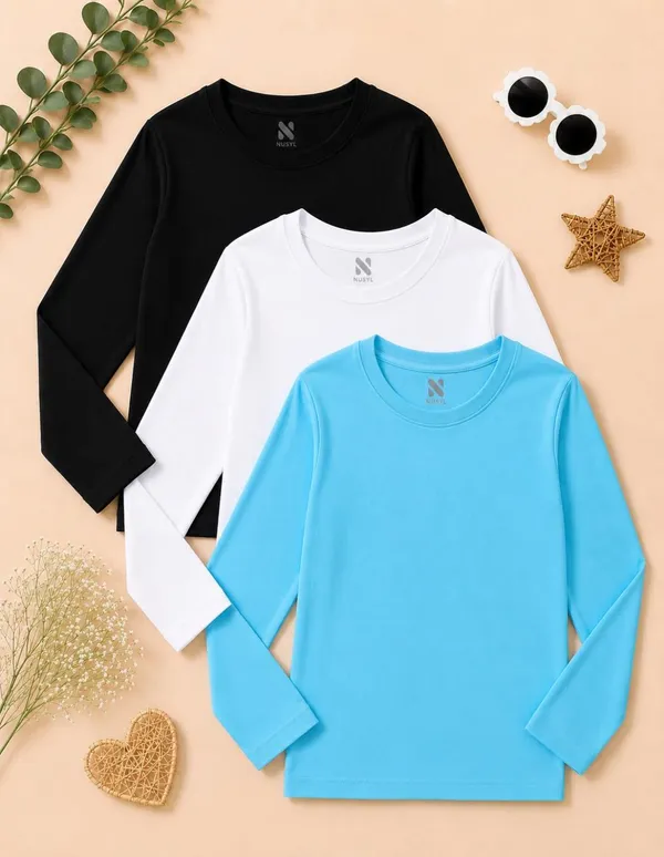 Nusyl_Girls_Black,_White_and_Sky_Blue_Solid_Round_Neck_Full_Sleeves_T-Shirt