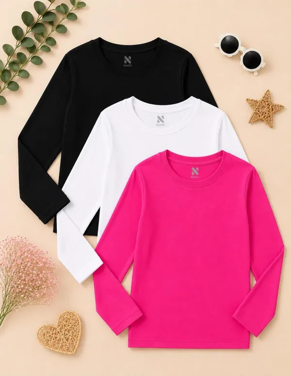 Nusyl_Girls_Black,_White_and_Hot_Pink_Solid_Round_Neck_Full_Sleeves_T-Shirt