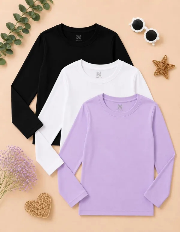 Nusyl_Girls_Black,_White_and_Lilac_Solid_Round_Neck_Full_Sleeves_T-Shirt