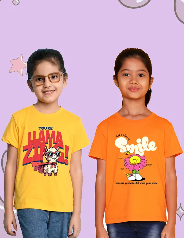 Nusyl_Girl_Yellow_&_Orange_Llamazing_Text_Printed_&_Smile_Text_Printed_Half_Sleeves_Pack_Of_2_T_Shirts_Soft_&_Comfortable_Half_Sleeve_T_Shirts_Cozy_Summer_Wear_For_Kids_&_Teen_Girls