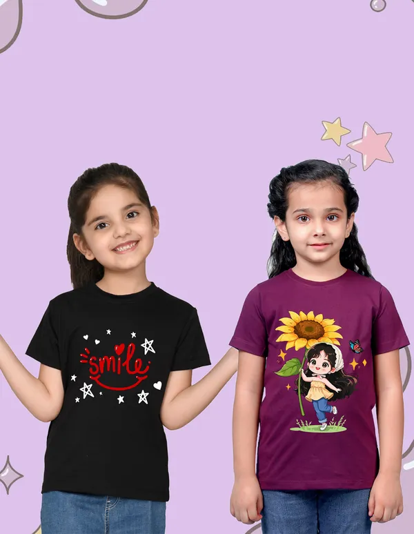 Nusyl_Girl_Black_&_Wine_Smile_Text_Printed_&_Girl_With_Sunflower_Printed_Half_Sleeves_Pack_Of_2_T_Shirts_Soft_&_Comfortable_Half_Sleeve_T_Shirts_Cozy_Summer_Wear_For_Kids_&_Teen_Girls