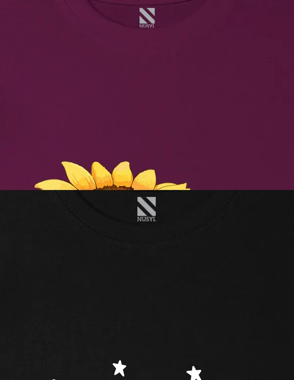Nusyl_Girl_Black_&_Wine_Smile_Text_Printed_&_Girl_With_Sunflower_Printed_Half_Sleeves_Pack_Of_2_T_Shirts_Soft_&_Comfortable_Half_Sleeve_T_Shirts_Cozy_Summer_Wear_For_Kids_&_Teen_Girls