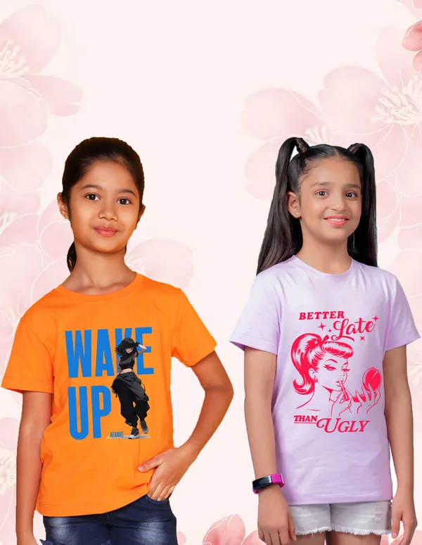 Nusyl_Girl_Orange_&_Lilac_Wake_Up_Text_Printed_&_Girl_Printed_Half_Sleeves_Pack_Of_2_T_Shirts_Soft_&_Comfortable_Half_Sleeve_T_Shirts_Cozy_Summer_Wear_For_Kids_&_Teen_Girls