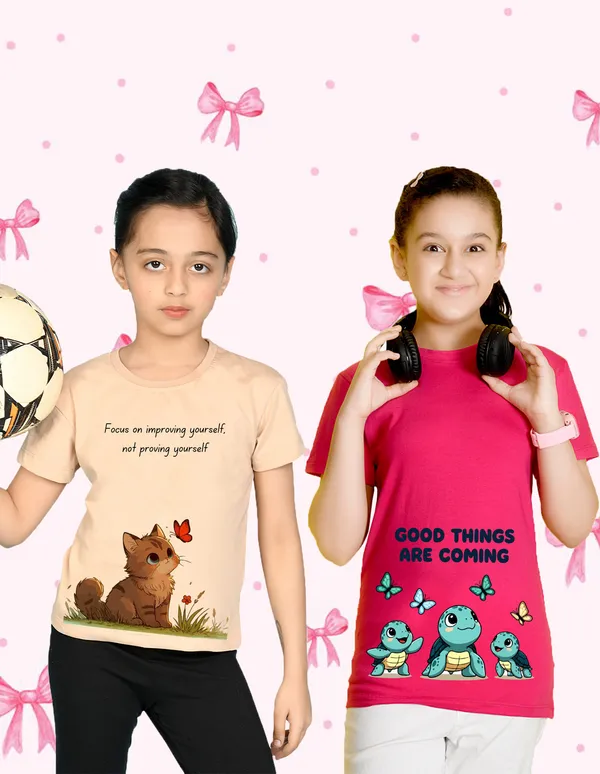 Nusyl_Girl_Beige_&_Hot_Pink_Cat_Printed_&_Butterfly_Printed_&_Turtles_Printed_Half_Sleeves_Pack_Of_2_T_Shirts_Soft_&_Comfortable_Half_Sleeve_T_Shirts_Cozy_Summer_Wear_For_Kids_&_Teen_Girls