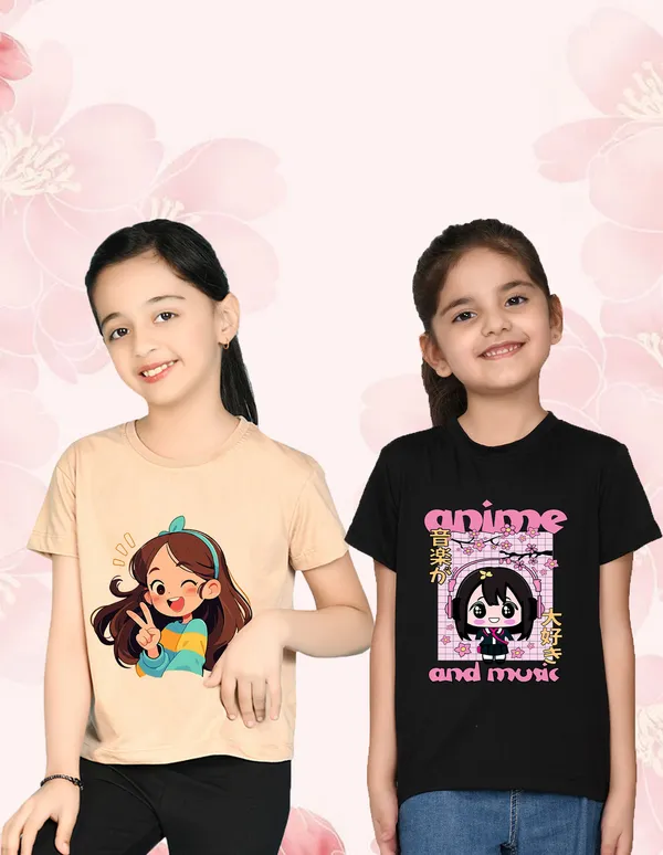 Nusyl_Girl_Beige_&_Black_Girl_Printed_&_Anime_Girl_Printed_Half_Sleeves_Pack_Of_2_T_Shirts_Soft_&_Comfortable_Half_Sleeve_T_Shirts_Cozy_Summer_Wear_For_Kids_&_Teen_Girls