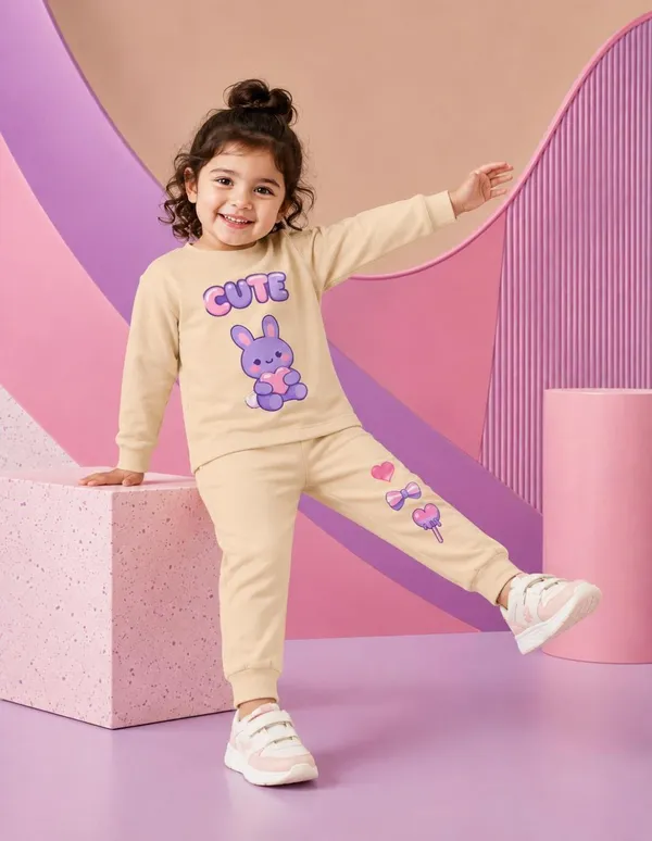 NUSYL_Girls_Beige_Cute_Text_Printed_Cotton_Blend_T-shirts_and_Joggers_|_Girls's_Regular_Length_T-shirts_and_Regular_Jogger