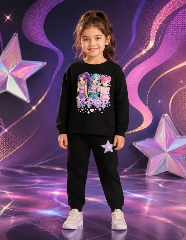 NUSYL_Girls_Black_K-pop_Text_Printed_Cotton_Blend_T-shirts_and_Joggers_|_Girls's_Regular_Length_T-shirts_and_Regular_Jogger