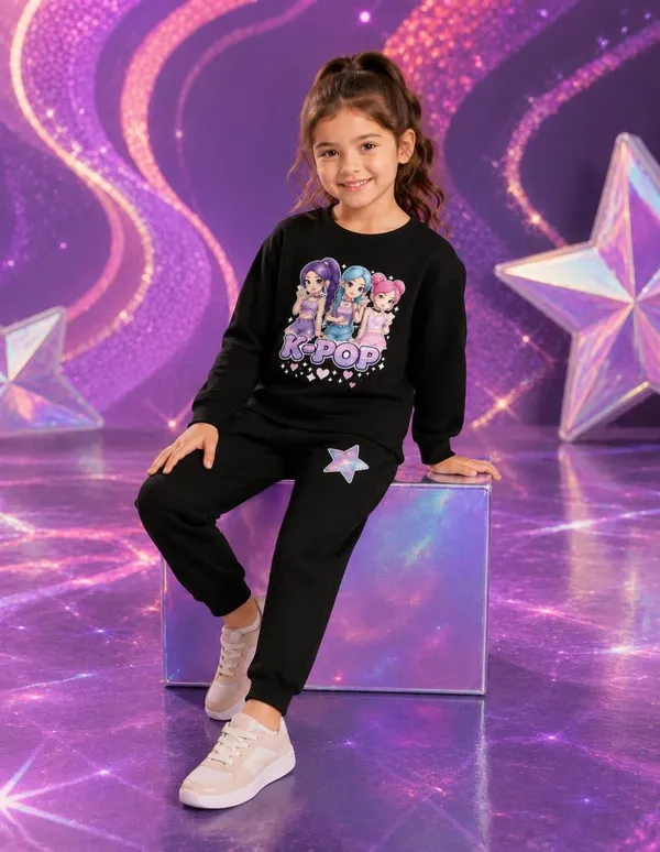 NUSYL_Girls_Black_K-pop_Text_Printed_Cotton_Blend_T-shirts_and_Joggers_|_Girls's_Regular_Length_T-shirts_and_Regular_Jogger