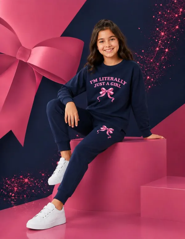 NUSYL_Girls_Navy_Just_a_girl_Text_Printed_Cotton_Blend_T-shirts_and_Joggers_|_Girls's_Regular_Length_T-shirts_and_Regular_Jogger