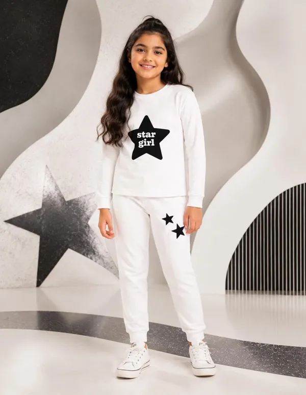 NUSYL_Girls_White_Star_Girl_Text_Printed_Cotton_Blend_T-shirts_and_Joggers_|_Girls's_Regular_Length_T-shirts_and_Regular_Jogger