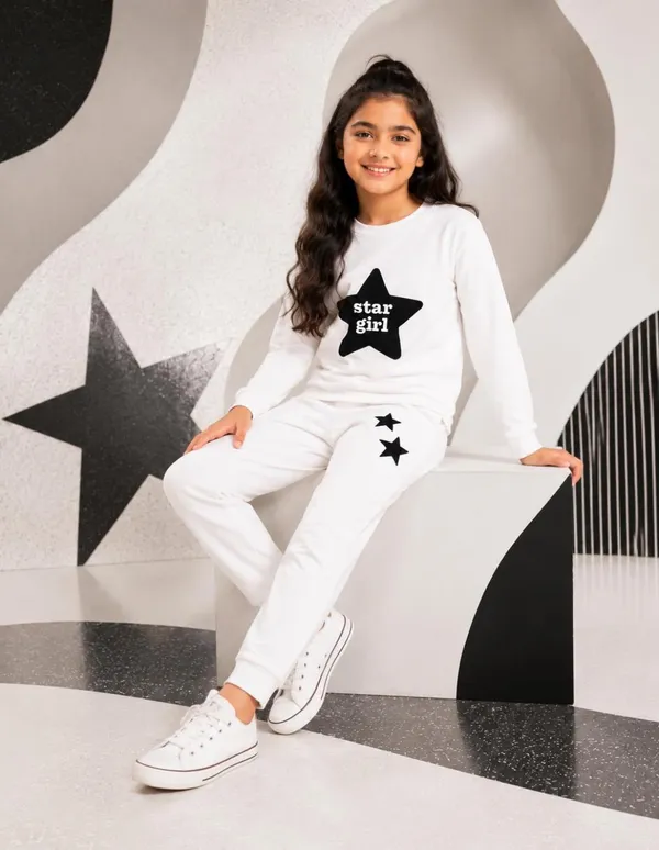 NUSYL_Girls_White_Star_Girl_Text_Printed_Cotton_Blend_T-shirts_and_Joggers_|_Girls's_Regular_Length_T-shirts_and_Regular_Jogger