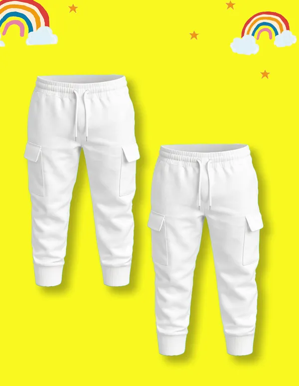 Nusyl_Girls'S_White_Solid_Cotton_Blend_Straight_Fit_Cargo_Trackpants_Pack_Of_2_With_Side_&_Cargo_Pockets_Girls'S_Full_Length_Regular_Fit_Cargo_Trackpants