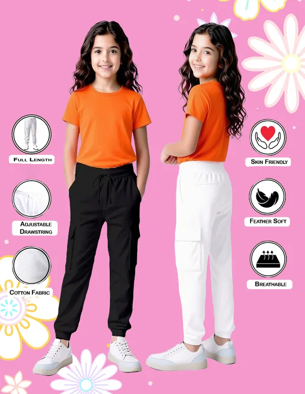 Nusyl_Girls'S_White_&_Black_Solid_Cotton_Blend_Straight_Fit_Cargo_Trackpants_Pack_Of_2_With_Side_&_Cargo_Pockets_Girls'S_Full_Length_Regular_Fit_Cargo_Trackpants