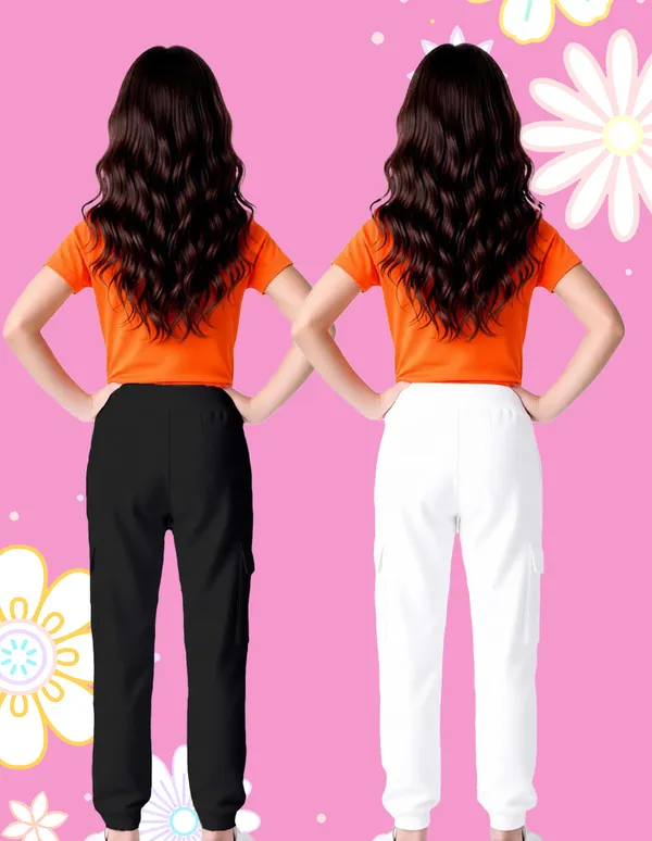 Nusyl_Girls'S_White_&_Black_Solid_Cotton_Blend_Straight_Fit_Cargo_Trackpants_Pack_Of_2_With_Side_&_Cargo_Pockets_Girls'S_Full_Length_Regular_Fit_Cargo_Trackpants