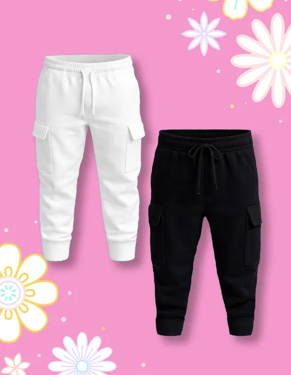 Nusyl_Girls'S_White_&_Black_Solid_Cotton_Blend_Straight_Fit_Cargo_Trackpants_Pack_Of_2_With_Side_&_Cargo_Pockets_Girls'S_Full_Length_Regular_Fit_Cargo_Trackpants