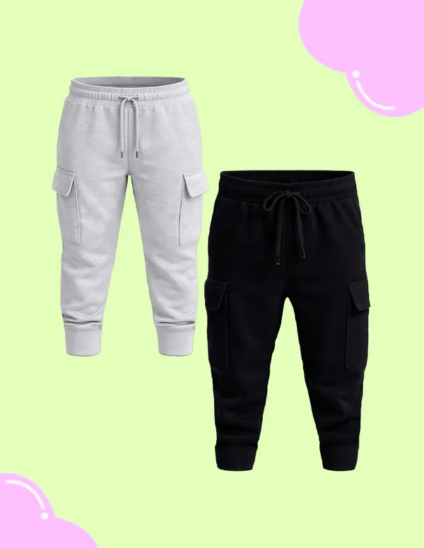 Nusyl_Girls'S_Black_&_Gray_Solid_Cotton_Blend_Straight_Fit_Cargo_Trackpants_Pack_Of_2_With_Side_&_Cargo_Pockets_Girls'S_Full_Length_Regular_Fit_Cargo_Trackpants
