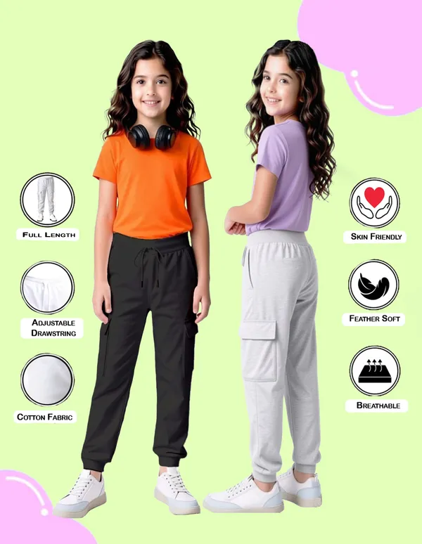 Nusyl_Girls'S_Black_&_Gray_Solid_Cotton_Blend_Straight_Fit_Cargo_Trackpants_Pack_Of_2_With_Side_&_Cargo_Pockets_Girls'S_Full_Length_Regular_Fit_Cargo_Trackpants