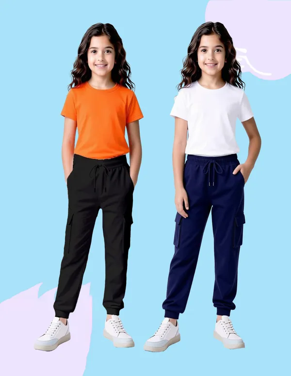 Nusyl_Girls'S_Black_&_Navy_Solid_Cotton_Blend_Straight_Fit_Cargo_Trackpants_Pack_Of_2_With_Side_&_Cargo_Pockets_Girls'S_Full_Length_Regular_Fit_Cargo_Trackpants