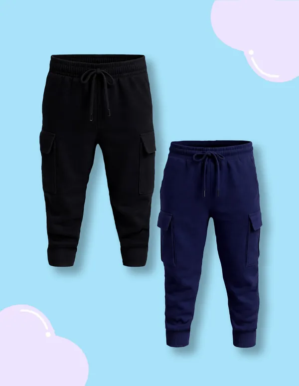 Nusyl_Girls'S_Black_&_Navy_Solid_Cotton_Blend_Straight_Fit_Cargo_Trackpants_Pack_Of_2_With_Side_&_Cargo_Pockets_Girls'S_Full_Length_Regular_Fit_Cargo_Trackpants