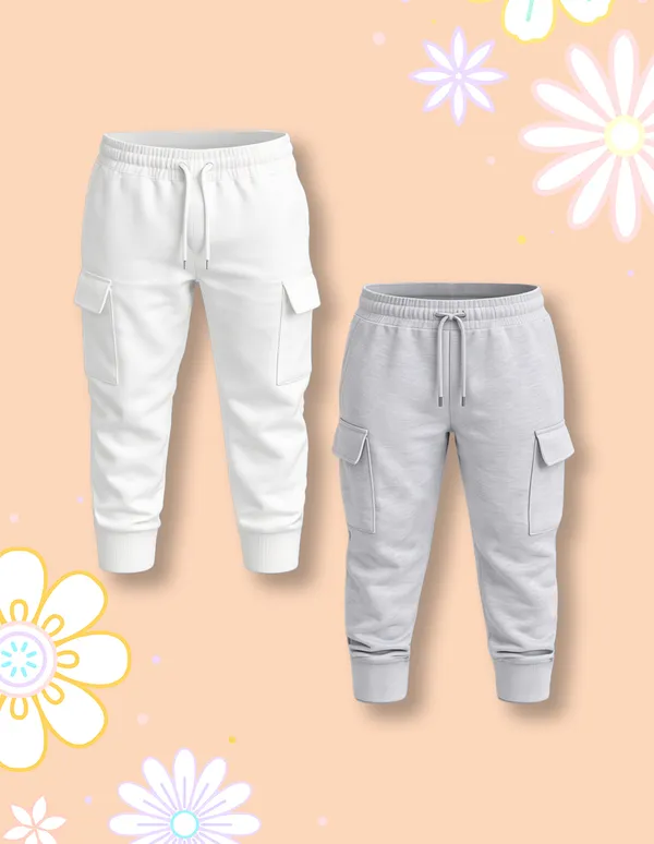 Nusyl_Girls'S_White_&_Gray_Solid_Cotton_Blend_Straight_Fit_Cargo_Trackpants_Pack_Of_2_With_Side_&_Cargo_Pockets_Girls'S_Full_Length_Regular_Fit_Cargo_Trackpants