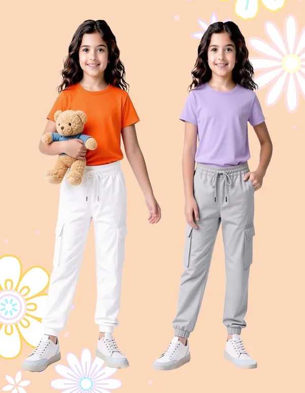 Nusyl_Girls'S_White_&_Gray_Solid_Cotton_Blend_Straight_Fit_Cargo_Trackpants_Pack_Of_2_With_Side_&_Cargo_Pockets_Girls'S_Full_Length_Regular_Fit_Cargo_Trackpants