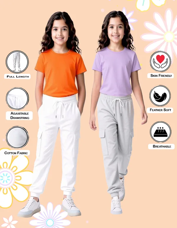 Nusyl_Girls'S_White_&_Gray_Solid_Cotton_Blend_Straight_Fit_Cargo_Trackpants_Pack_Of_2_With_Side_&_Cargo_Pockets_Girls'S_Full_Length_Regular_Fit_Cargo_Trackpants