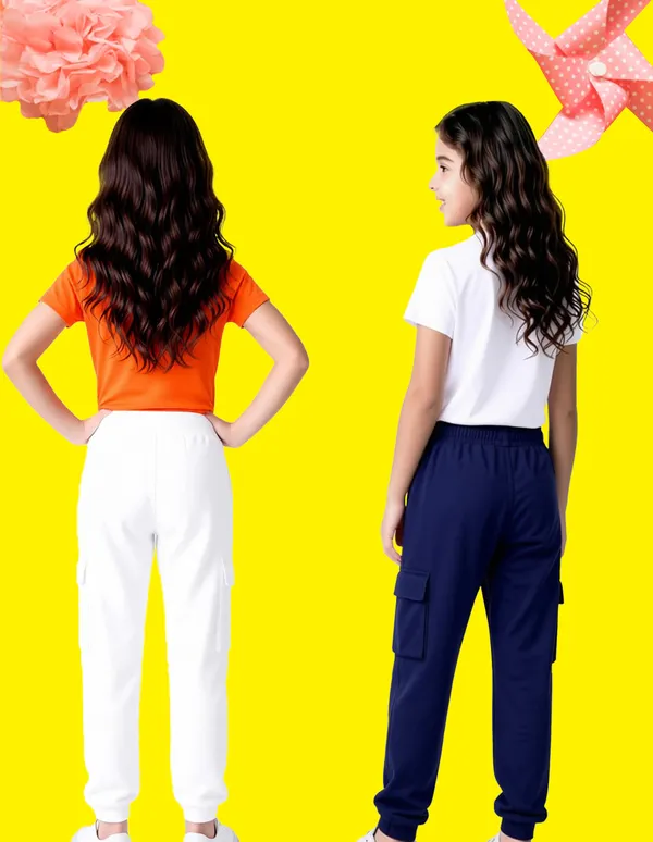 Nusyl_Girls'S_White_&_Navy_Solid_Cotton_Blend_Straight_Fit_Cargo_Trackpants_Pack_Of_2_With_Side_&_Cargo_Pockets_Girls'S_Full_Length_Regular_Fit_Cargo_Trackpants