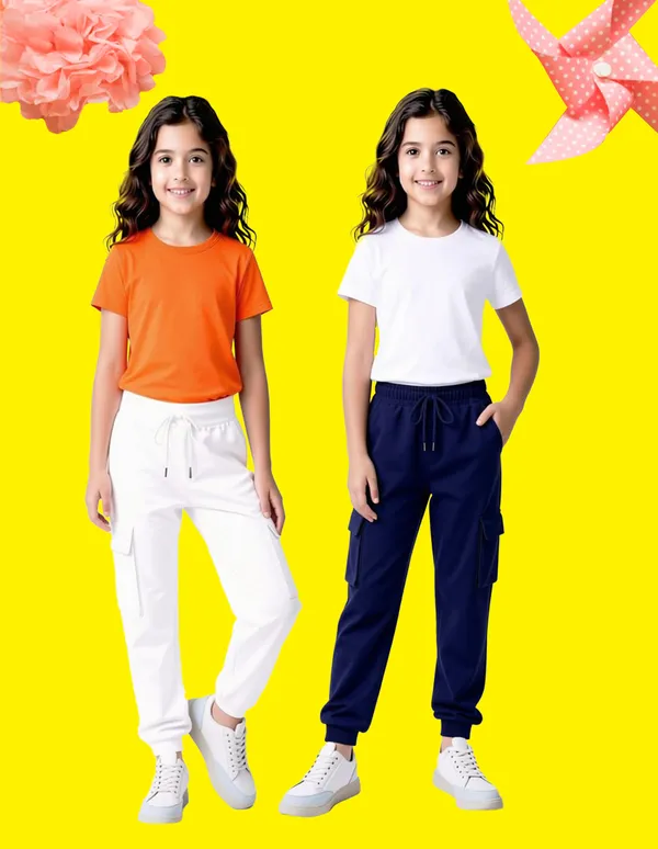 Nusyl_Girls'S_White_&_Navy_Solid_Cotton_Blend_Straight_Fit_Cargo_Trackpants_Pack_Of_2_With_Side_&_Cargo_Pockets_Girls'S_Full_Length_Regular_Fit_Cargo_Trackpants