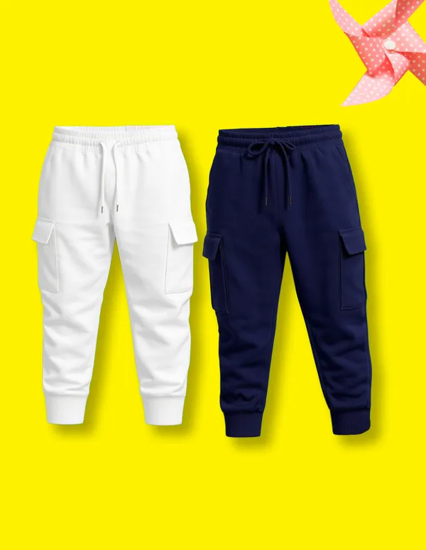 Nusyl_Girls'S_White_&_Navy_Solid_Cotton_Blend_Straight_Fit_Cargo_Trackpants_Pack_Of_2_With_Side_&_Cargo_Pockets_Girls'S_Full_Length_Regular_Fit_Cargo_Trackpants