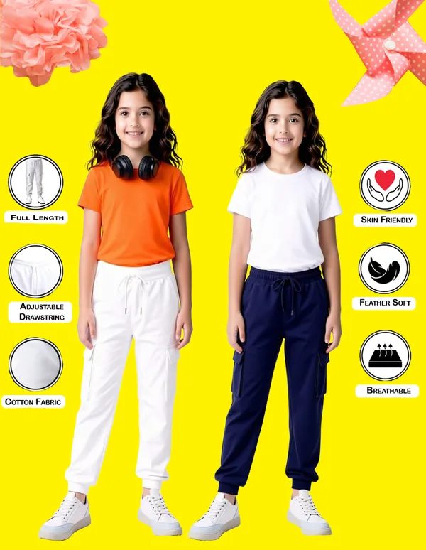 Nusyl_Girls'S_White_&_Navy_Solid_Cotton_Blend_Straight_Fit_Cargo_Trackpants_Pack_Of_2_With_Side_&_Cargo_Pockets_Girls'S_Full_Length_Regular_Fit_Cargo_Trackpants