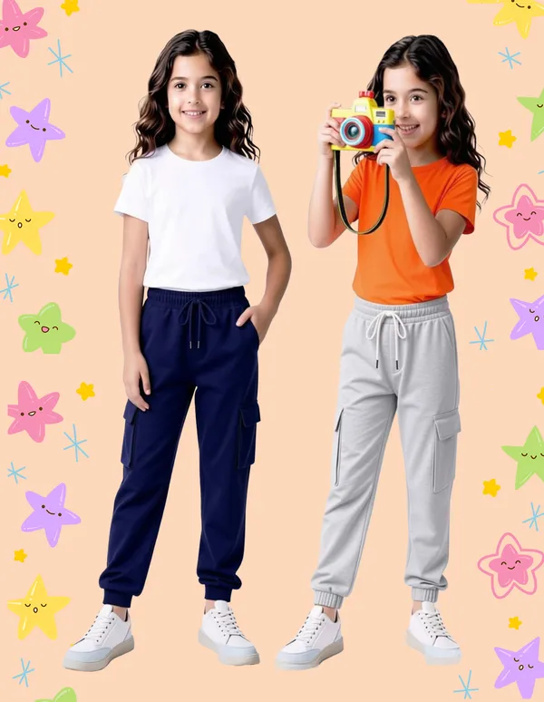 Nusyl_Girls'S_Gray_&_Navy_Solid_Cotton_Blend_Straight_Fit_Cargo_Trackpants_Pack_Of_2_With_Side_&_Cargo_Pockets_Girls'S_Full_Length_Regular_Fit_Cargo_Trackpants