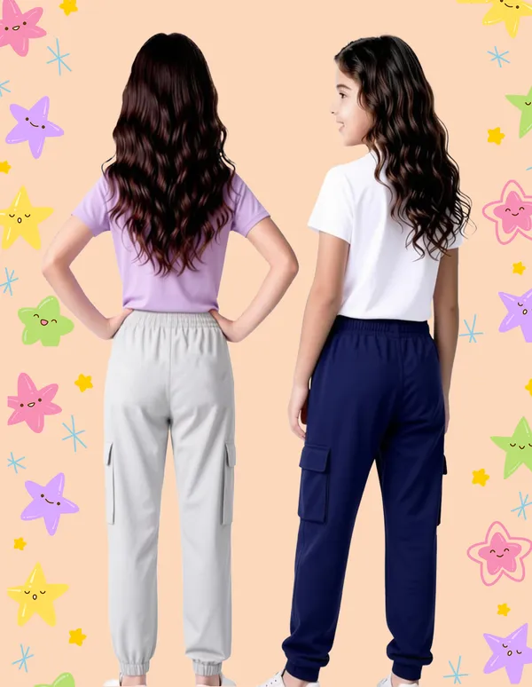 Nusyl_Girls'S_Gray_&_Navy_Solid_Cotton_Blend_Straight_Fit_Cargo_Trackpants_Pack_Of_2_With_Side_&_Cargo_Pockets_Girls'S_Full_Length_Regular_Fit_Cargo_Trackpants