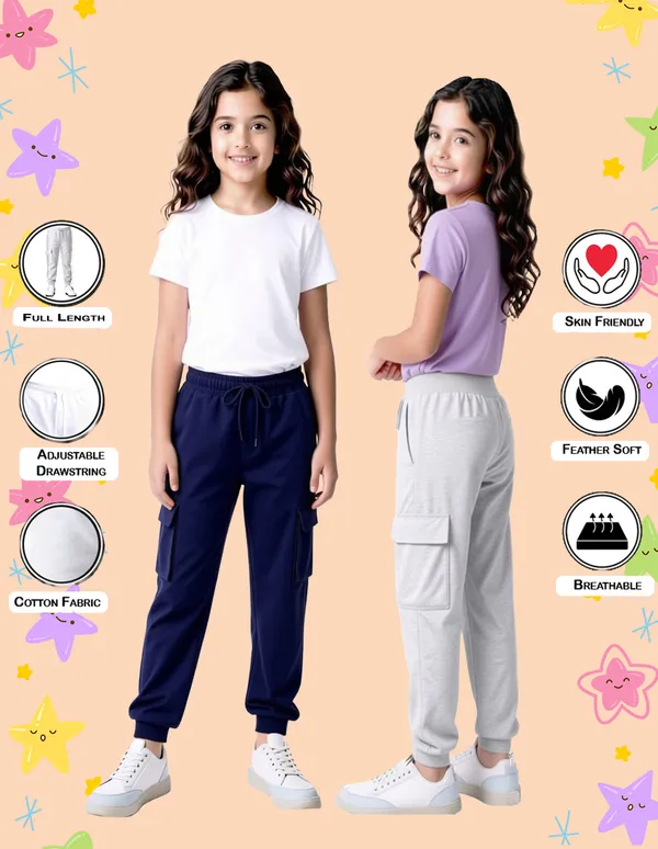 Nusyl_Girls'S_Gray_&_Navy_Solid_Cotton_Blend_Straight_Fit_Cargo_Trackpants_Pack_Of_2_With_Side_&_Cargo_Pockets_Girls'S_Full_Length_Regular_Fit_Cargo_Trackpants