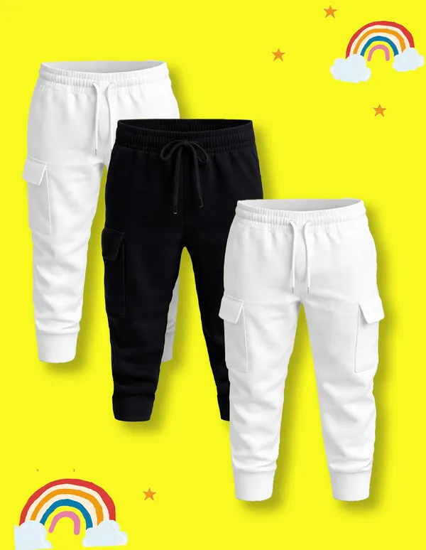 Nusyl_Girls'S_White_&_Black_Solid_Cotton_Blend_Straight_Fit_Cargo_Trackpants_Pack_Of_3_With_Side_&_Cargo_Pockets_Girls'S_Full_Length_Regular_Fit_Cargo_Trackpants