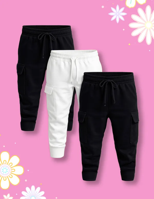Nusyl_Girls'S_Black_&_White_Solid_Cotton_Blend_Straight_Fit_Cargo_Trackpants_Pack_Of_3_With_Side_&_Cargo_Pockets_Girls'S_Full_Length_Regular_Fit_Cargo_Trackpants