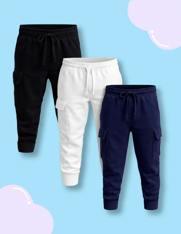 Nusyl_Girls'S_White_&_Black_&_Navy_Solid_Cotton_Blend_Straight_Fit_Cargo_Trackpants_Pack_Of_3_With_Side_&_Cargo_Pockets_Girls'S_Full_Length_Regular_Fit_Cargo_Trackpants