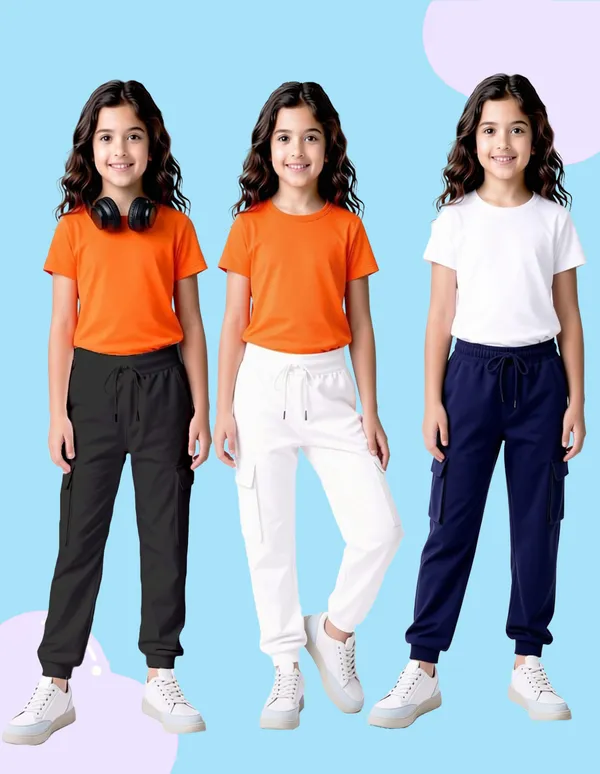 Nusyl_Girls'S_White_&_Black_&_Navy_Solid_Cotton_Blend_Straight_Fit_Cargo_Trackpants_Pack_Of_3_With_Side_&_Cargo_Pockets_Girls'S_Full_Length_Regular_Fit_Cargo_Trackpants