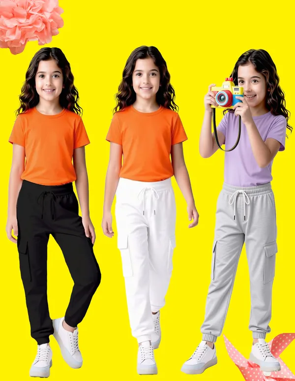 Nusyl_Girls'S_White_&_Black_&_Gray_Solid_Cotton_Blend_Straight_Fit_Cargo_Trackpants_Pack_Of_3_With_Side_&_Cargo_Pockets_Girls'S_Full_Length_Regular_Fit_Cargo_Trackpants