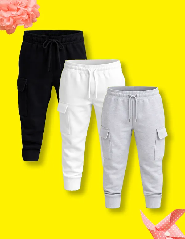 Nusyl_Girls'S_White_&_Black_&_Gray_Solid_Cotton_Blend_Straight_Fit_Cargo_Trackpants_Pack_Of_3_With_Side_&_Cargo_Pockets_Girls'S_Full_Length_Regular_Fit_Cargo_Trackpants